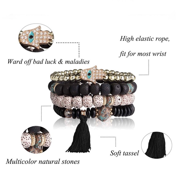 Black Beaded Evil Eye Stackable Stretch Bracelets - Picture 2 of 8